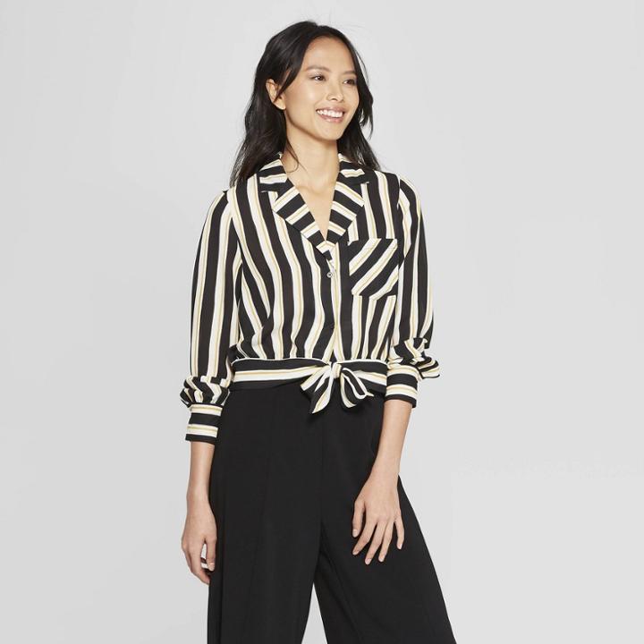 Women's Striped Long Sleeve Knotted Waist Button-down Shirt - Who What Wear Black/white