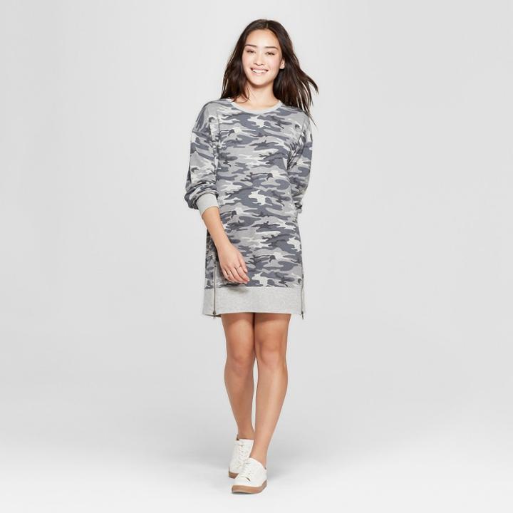 Women's Camo Print Long Sleeve Size Zip French Terry Dress - Grayson Threads (juniors') Gray