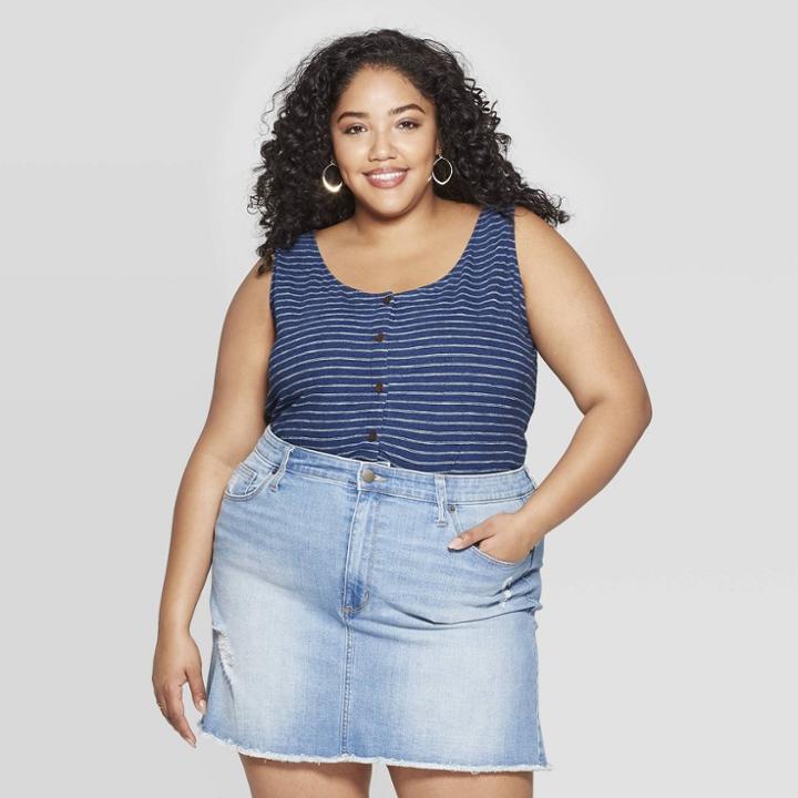 Women's Plus Size Striped Crewneck Button Front Tank Top - Universal Thread Navy (blue)