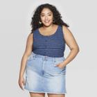Women's Plus Size Striped Crewneck Button Front Tank Top - Universal Thread Navy (blue)