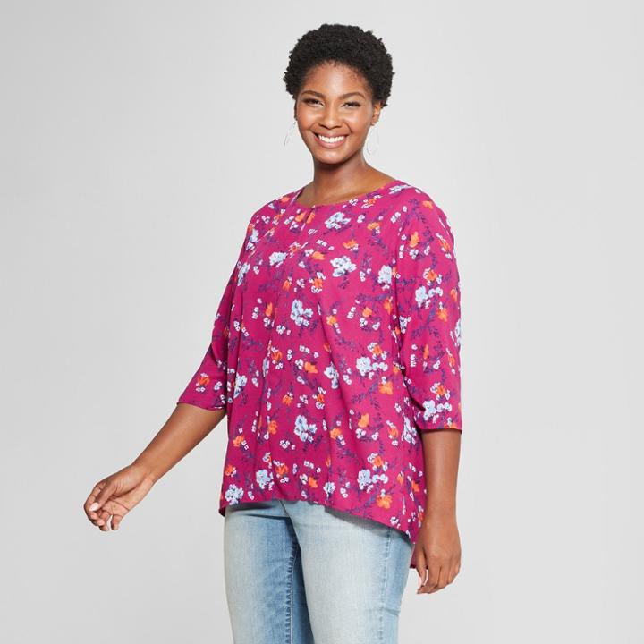 Women's Plus Size Floral Print Woven 3/4 Sleeve Top - Ava & Viv Berry X, Red