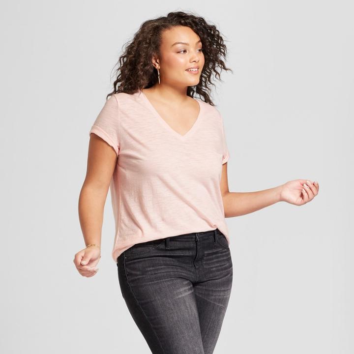 Women's Plus Size V-neck Short Sleeve T-shirt - Ava & Viv Light Orange