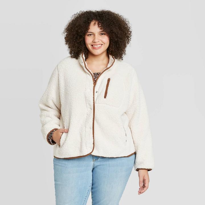 Women's Plus Size High Neck Utility Sherpa Jacket - Ava & Viv Beige