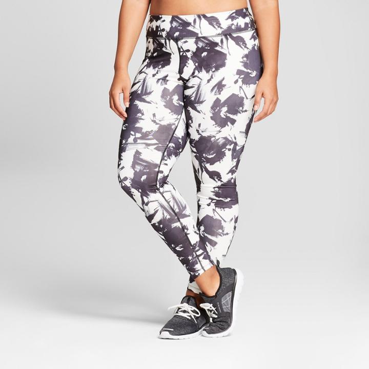 Plus Size Women's Plus Floral Print Performance Mid-rise Leggings - Joylab Black & White