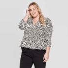 Women's Plus Size Leopard Print Puff 3/4 Sleeve V-neck Ruched Peplum Blouse - Who What Wear Black 1x, Women's,