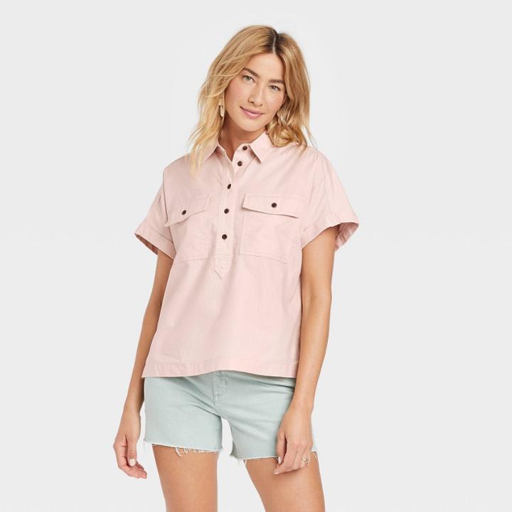 Women's Dolman Short Sleeve Utility Button-down Shirt - Universal Thread Blush