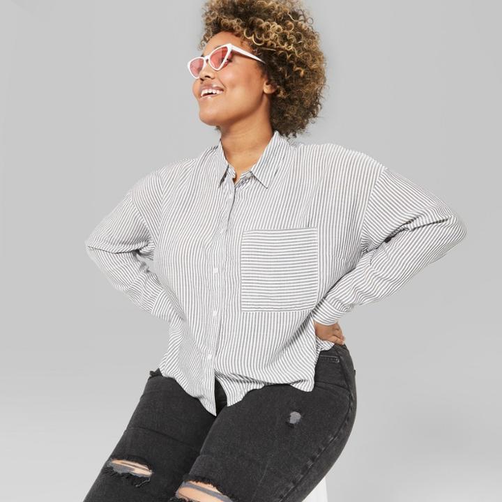 Women's Plus Size Striped Long Sleeve Cropped Button-down Shirt - Wild Fable Gray