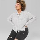 Women's Plus Size Striped Long Sleeve Cropped Button-down Shirt - Wild Fable Gray