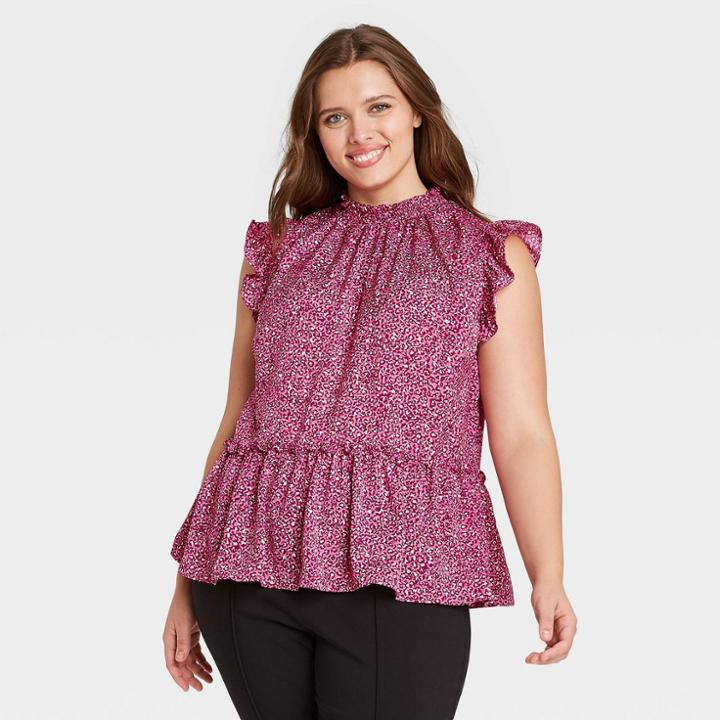 Women's Plus Size Leopard Print Sleeveless Ruffle Top - Who What Wear Pink