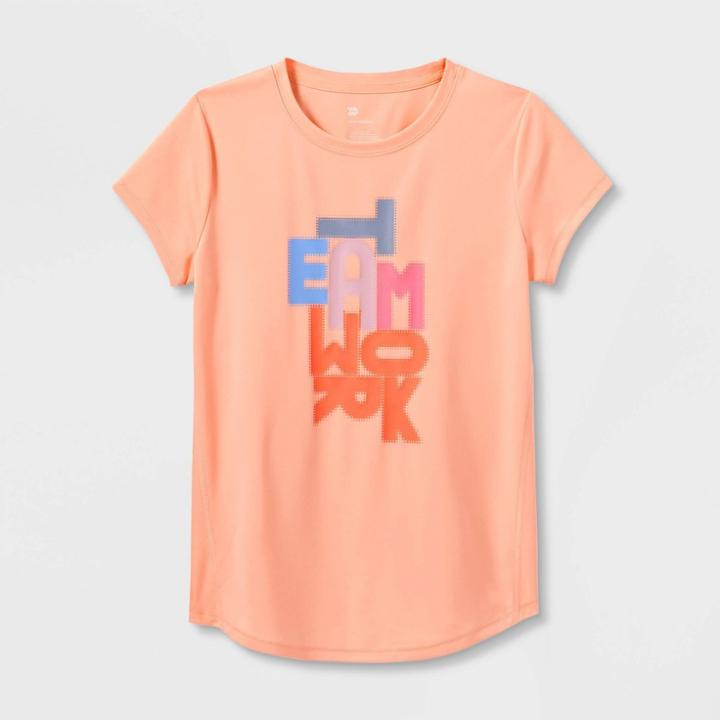 Girls' Short Sleeve 'teamwork' Graphic T-shirt - All In Motion Peach Orange