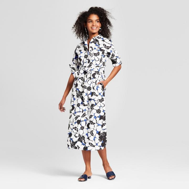 Women's Floral Print Long Sleeve Midi Shirt Dress - Who What Wear White/black Xs, White/black Floral