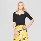 Women's Elbow Sleeve Boat Neck Knotched Rib Top - Who What Wear Black