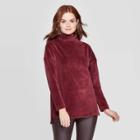 Women's Long Sleeve Mock Turtleneck Velour Rib Tunic Sweatshirt - A New Day Burgundy L, Size: