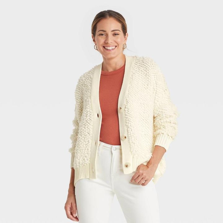 Women's Loop Stitch Cardigan - A New Day Cream Jacquard Xs, Ivory Jacquard