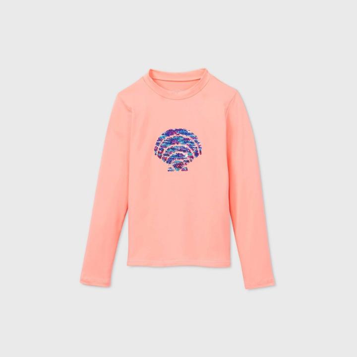 Girls' Long Sleeve Flip Sequin Seashell Rash Guard Swim Shirt - Cat & Jack Coral