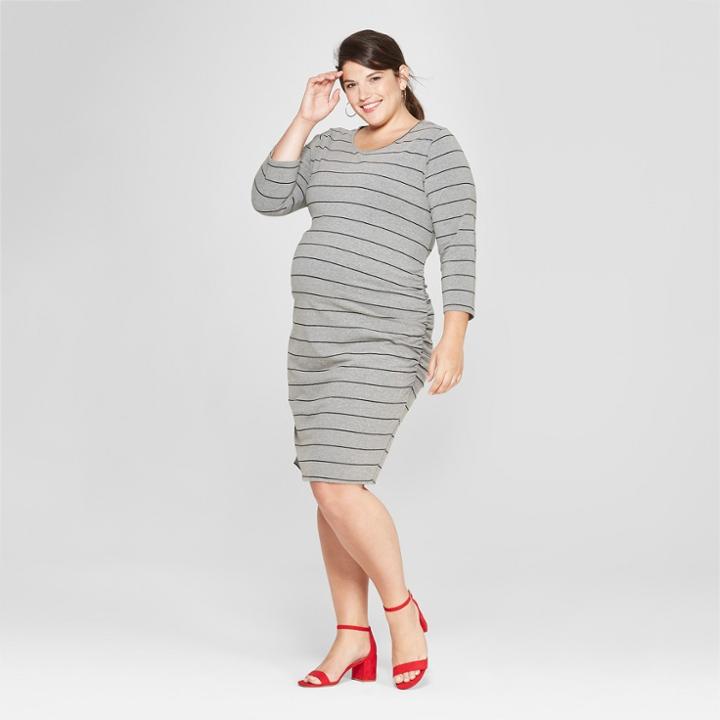 Maternity Plus Size Striped 3/4 Sleeve Shirred T-shirt Dress - Isabel Maternity By Ingrid & Isabel Gray 2x, Gray