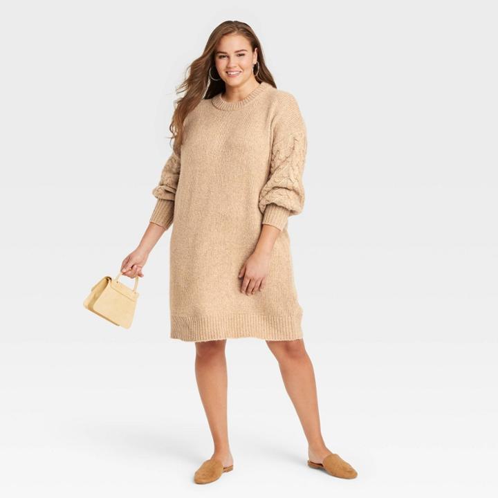 Women's Plus Size Long Sleeve Cable Knit Sweater Dress - A New Day Cream