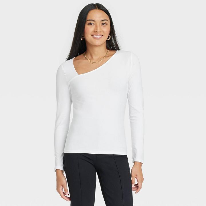 Women's Long Sleeve Asymmetrical Top - A New Day White