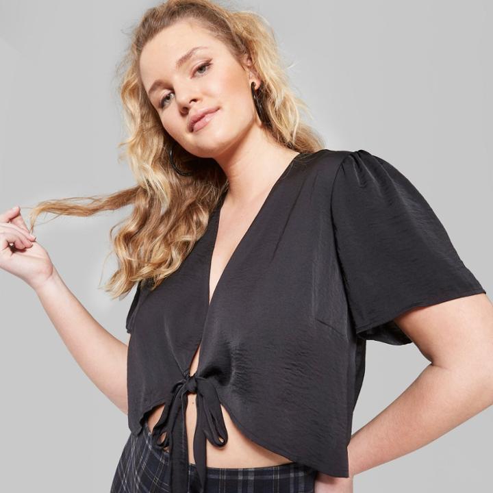 Women's Plus Size Short Sleeve Tie Front Satin Top - Wild Fable Black