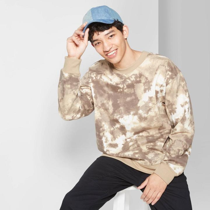 Men's Tie Dye Regular Fit French Terry Crew Pullover Sweatshirt - Original Use Brown Taupe