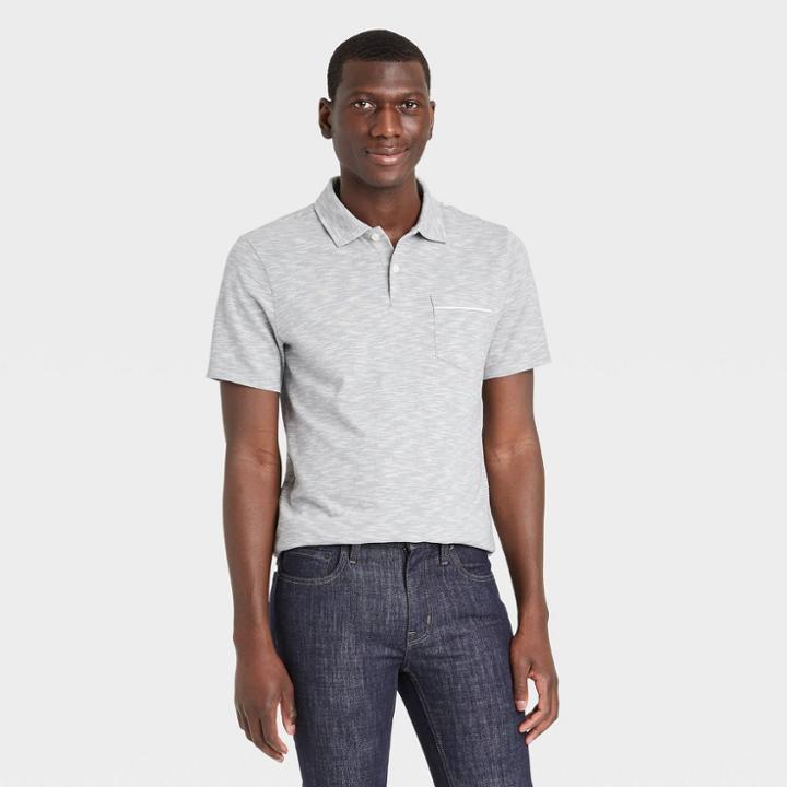 Men's Striped Short Sleeve Collared Polo Jersey Shirt - Goodfellow & Co Gray