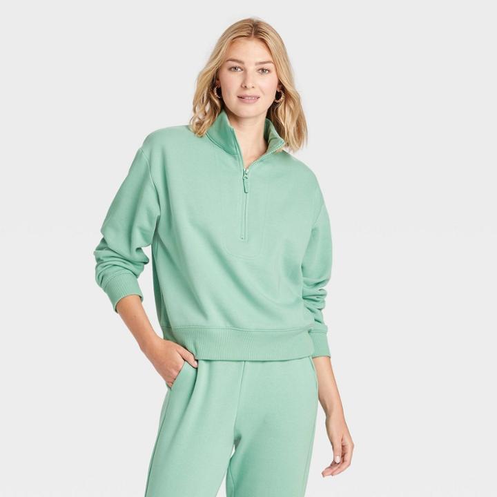 Women's Fleece Quarter Zip Sweatshirt - A New Day Green