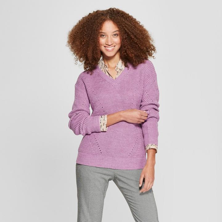 Women's V-neck Pullover Sweater - A New Day Orchid