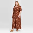 Women's Plus Size Floral Print Short Sleeve Button-front Midi Dress - Ava & Viv Brown 3x, Women's,