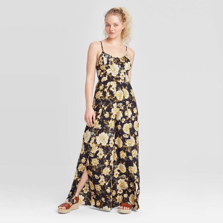 Women's Floral Print Sleeveless V-neck Tie Front Jumpsuit - Xhilaration Navy Xs, Women's, Blue