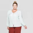 Women's Plus Size Relaxed Fit Long Sleeve V-neck Covered Button Blouse - Ava & Viv Light Green