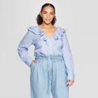 Women's Plus Size Pinstripe Long Sleeve Ruffle Detail Blouse - Who What Wear Blue