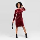 Women's Long Sleeve Crewneck Velvet Dress - A New Day Burgundy Xs, Women's, Red