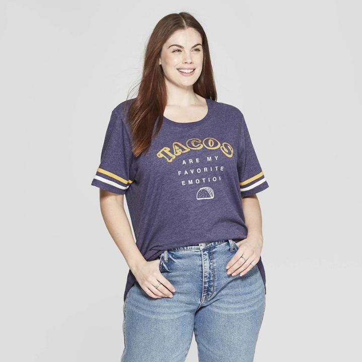 Women's Plus Size Short Sleeve Crew Neck Emotion Tacos T-shirt - Zoe+liv (juniors') - Blue