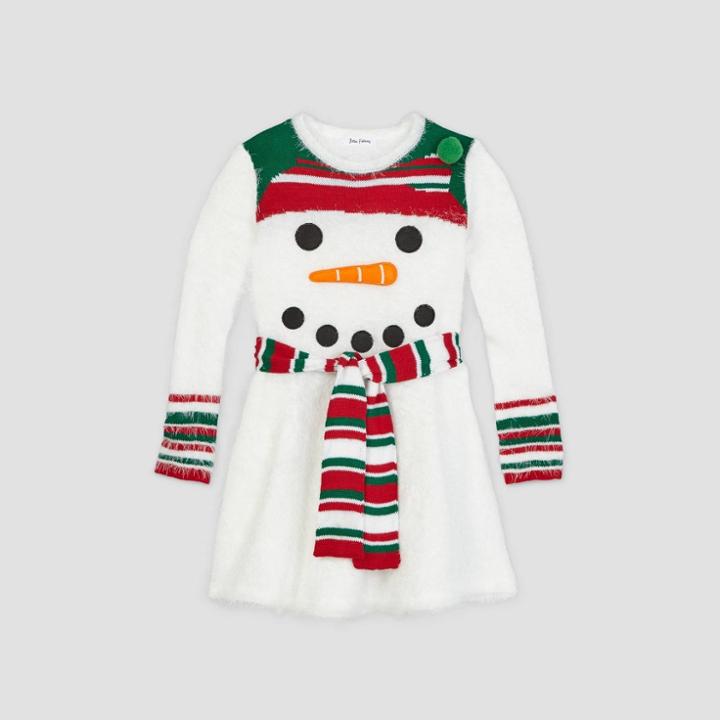 Born Famous Girls' Ugly Holiday Snowman Long Sleeve Dress - Bright White