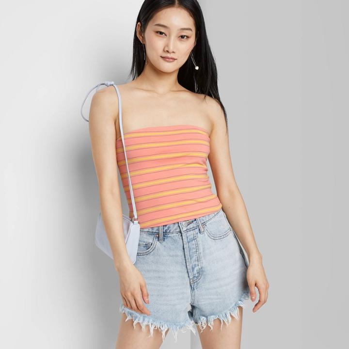 Women's Slim Fit Cropped Tube Top - Wild Fable Coral Striped Xs, Pink