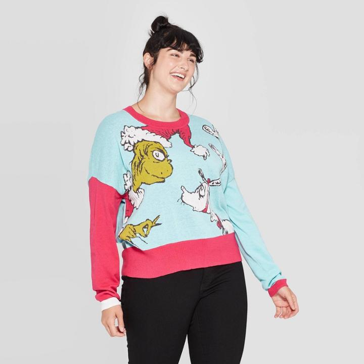 Dr. Seuss Women's Grinch & Max Plus Size Graphic Sweater (juniors') - Aqua 1x, Women's, Size: