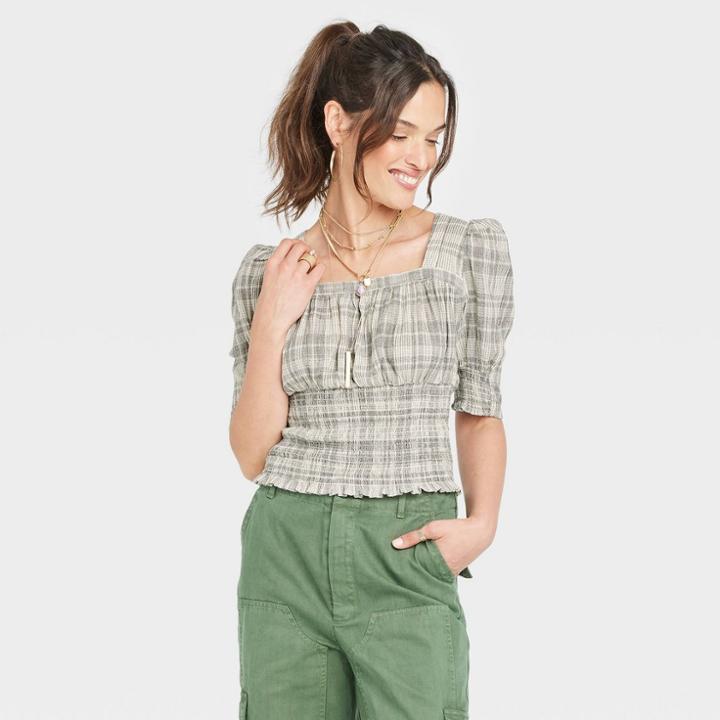 Women's Puff Elbow Sleeve Smocked Fitted Blouse - Universal Thread Gray Plaid