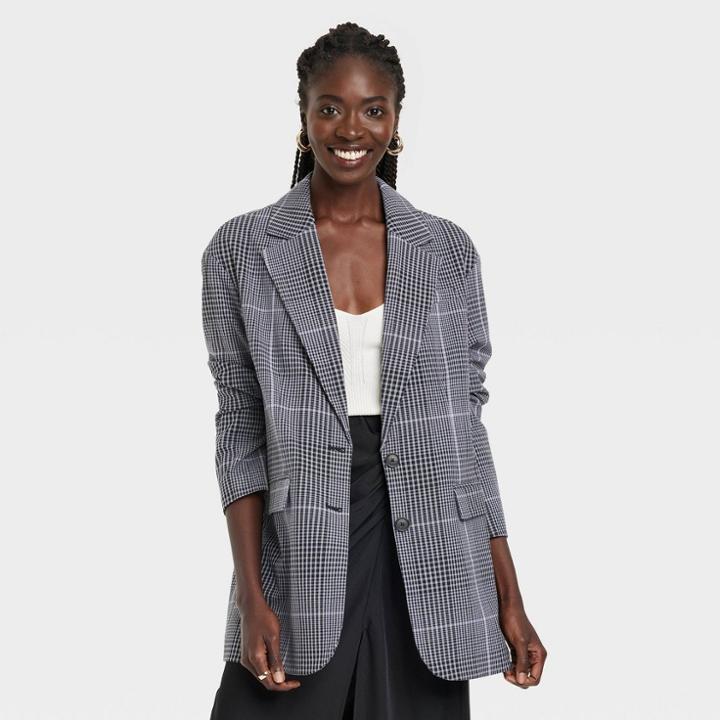 Women's Boxy Blazer - A New Day Gray Plaid