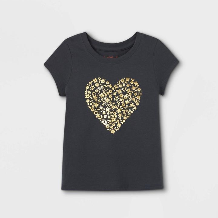 Toddler Girls' Floral Heart Short Sleeve T-shirt - Cat & Jack Dark Gray