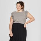 Women's Plus Size Striped Ruffle Knit Cap Sleeve Tank - A New Day Olive/white