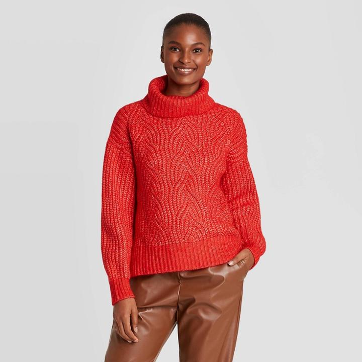 Women's Turtleneck Cable Stitch Pullover Sweater - A New Day Red