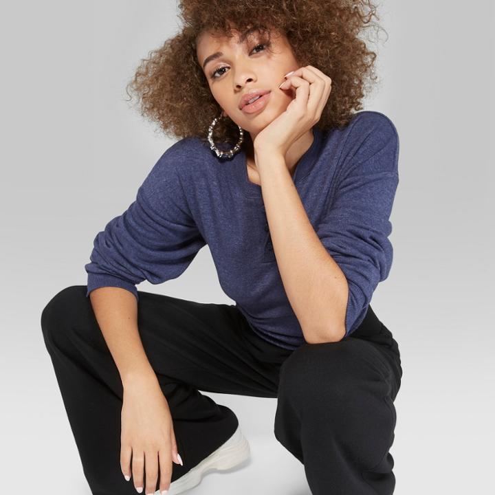 Women's Long Sleeve Oversized Fleece Henley Crew Neck Sweatshirt - Wild Fable Blue