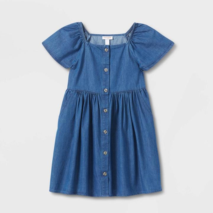 Girls' Short Sleeve Woven Dress - Cat & Jack Medium Wash Denim Xs, Medium Blue Blue