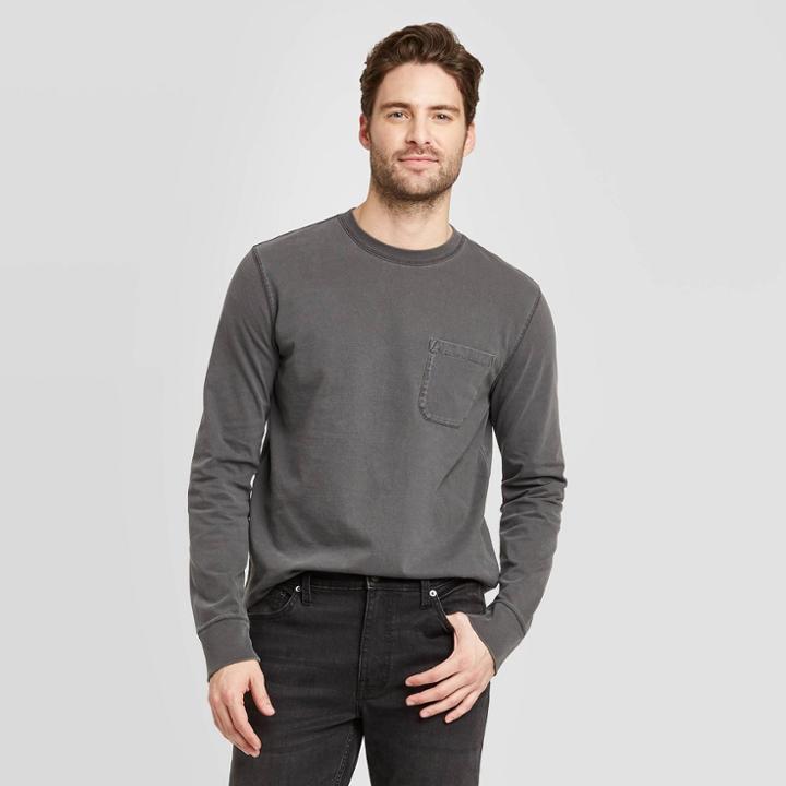 Men's Standard Fit Long Sleeve Crew Neck T-shirt - Goodfellow & Co Black Heather S, Men's,