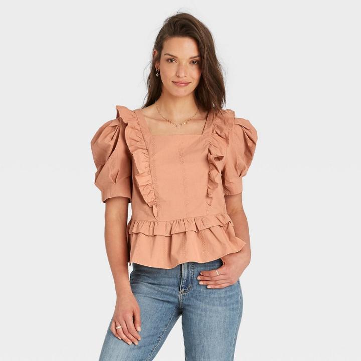 Women's Puff Short Sleeve Ruffle Peplum Blouse - Universal Thread Brown