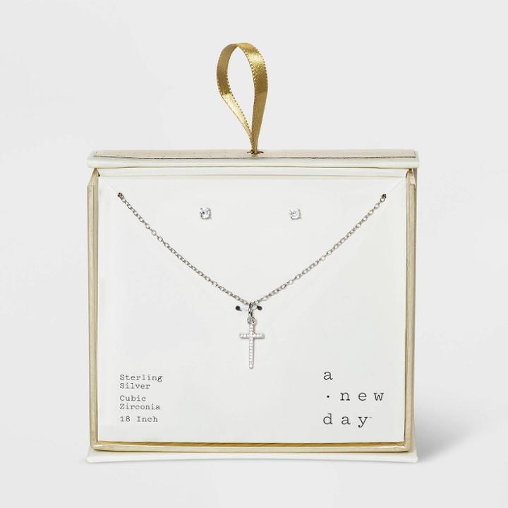Sterling Silver With Cubic Zirconia Studs And Cross Pendant Set- A New Day