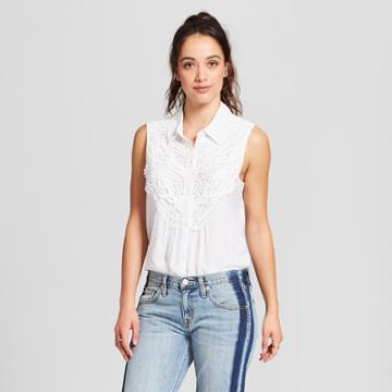 Women's Sleeveless Crochet Collared Shirt - Notations - White