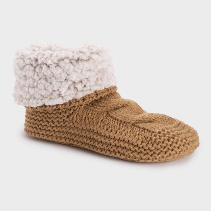 Muk Luks Women's Sherpa Cuff Booties With Grippers - Tan