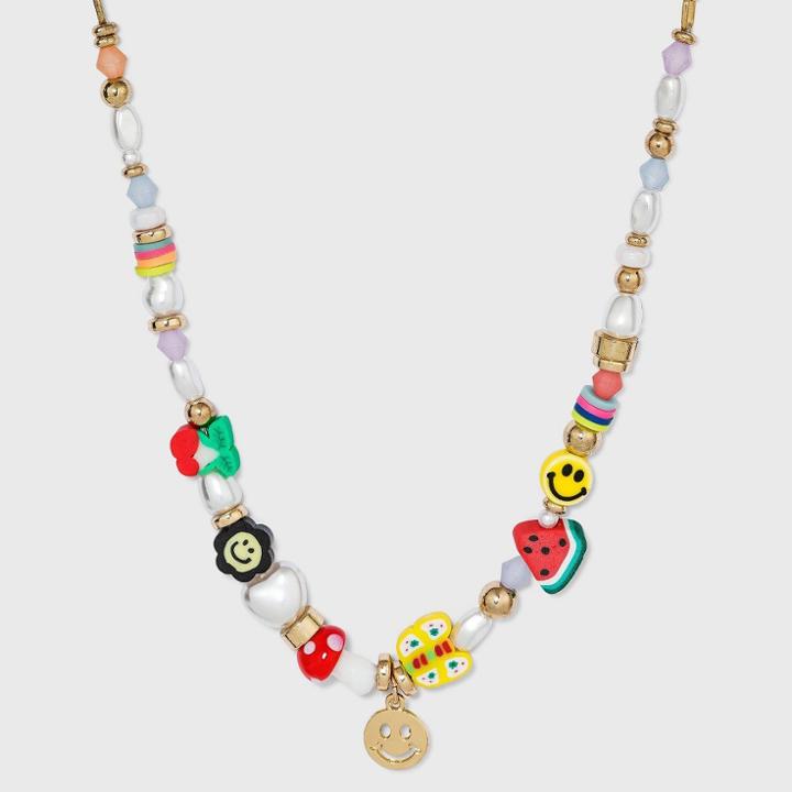 Smiley Face Pearl And Fruit Beaded Necklace - Wild Fable , White