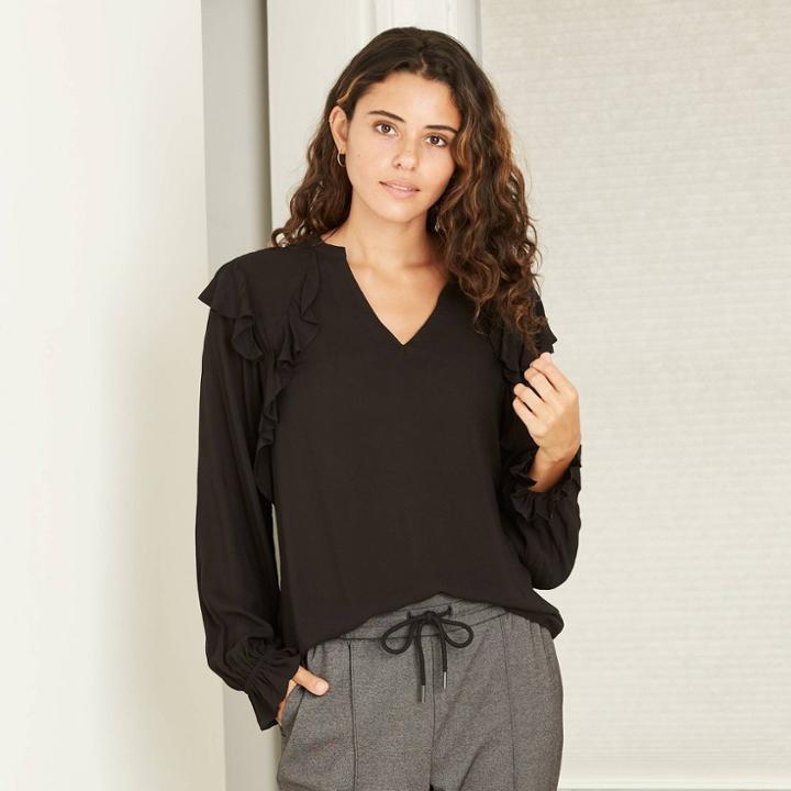 Women's Long Sleeve Romantic Ruffle Blouse - A New Day Jet Black